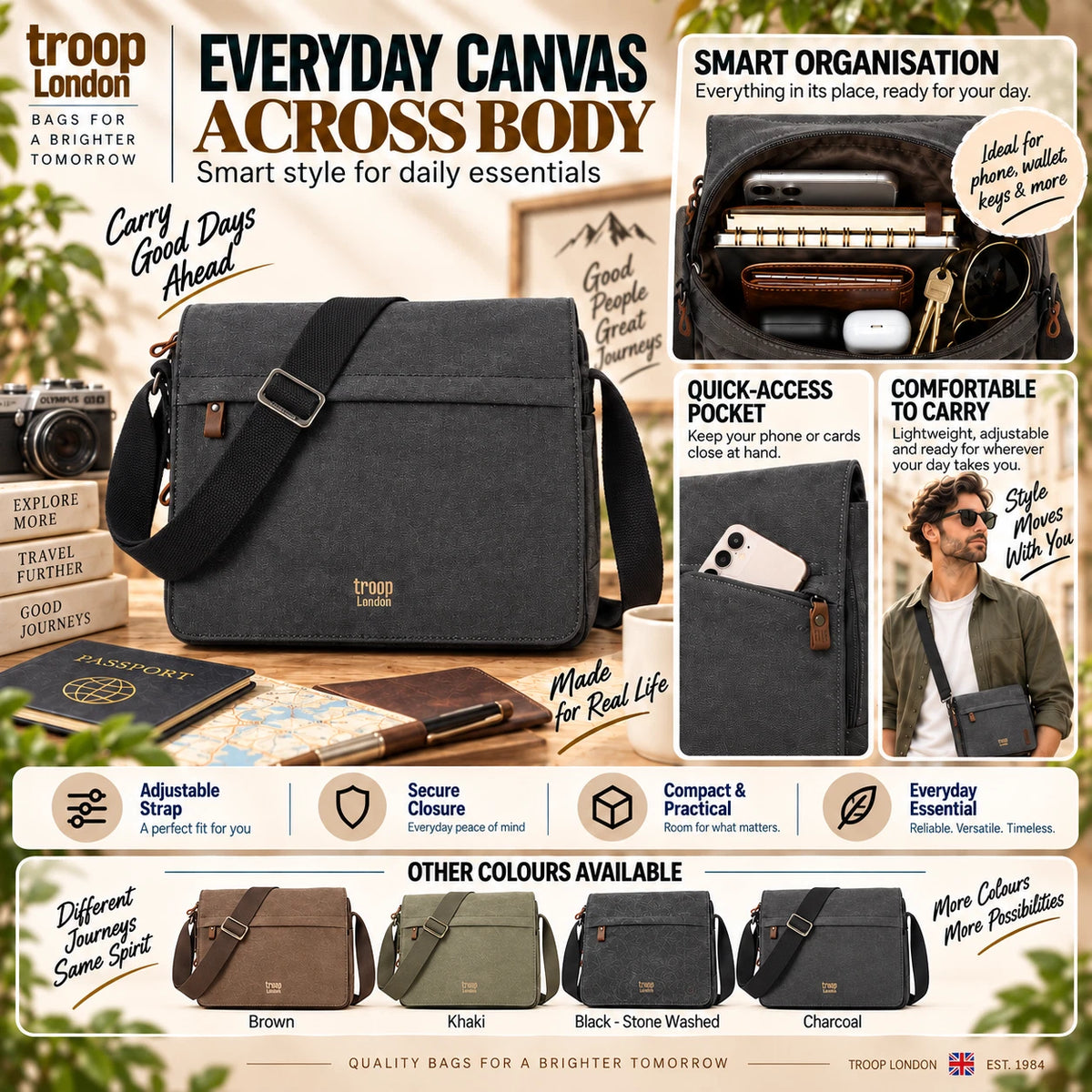 TROOP LONDON TRP0241 CLASSIC CANVAS CROSSBODY SHOULDER BAG WORK MESSENGER UNISEX
