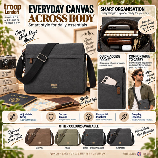 TROOP LONDON TRP0241 CLASSIC CANVAS CROSSBODY SHOULDER BAG WORK MESSENGER UNISEX