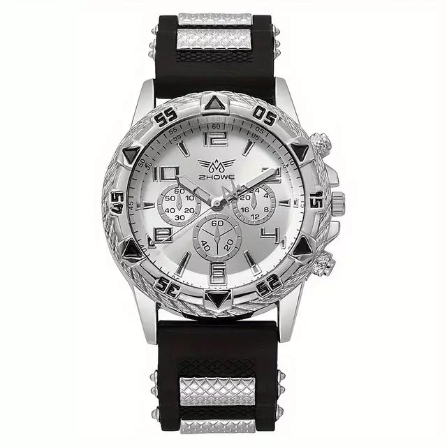MEN'S FASHION BUSINESS WATCH CHUNKY BEZEL,QUARTZ,WHITE GOLD BLACK SILVER, UK