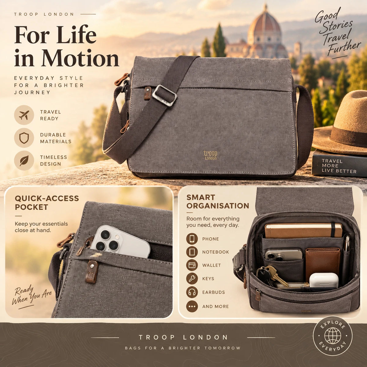TROOP LONDON TRP0241 CLASSIC CANVAS CROSSBODY SHOULDER BAG WORK MESSENGER UNISEX