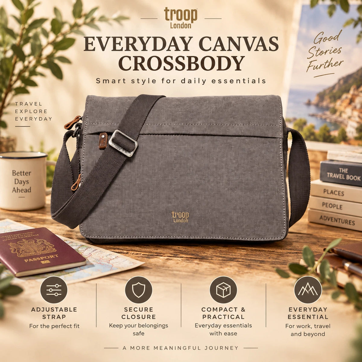 TROOP LONDON TRP0241 CLASSIC CANVAS CROSSBODY SHOULDER BAG WORK MESSENGER UNISEX