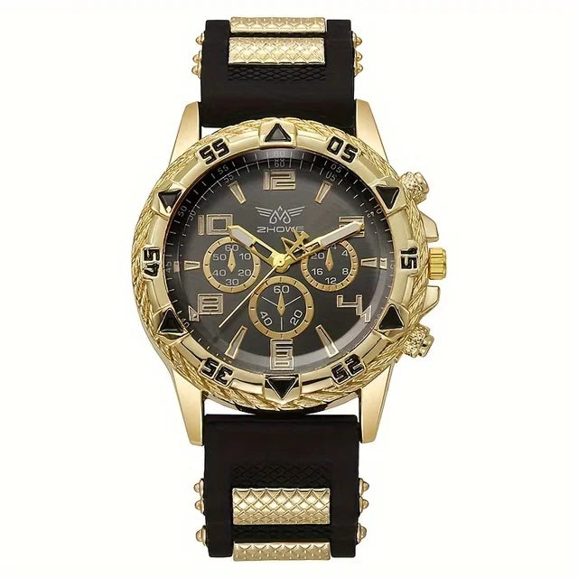 MEN'S FASHION BUSINESS WATCH CHUNKY BEZEL,QUARTZ,WHITE GOLD BLACK SILVER, UK