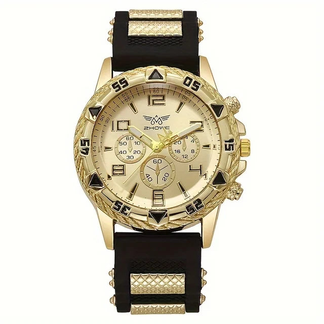 MEN'S FASHION BUSINESS WATCH CHUNKY BEZEL,QUARTZ,WHITE GOLD BLACK SILVER, UK