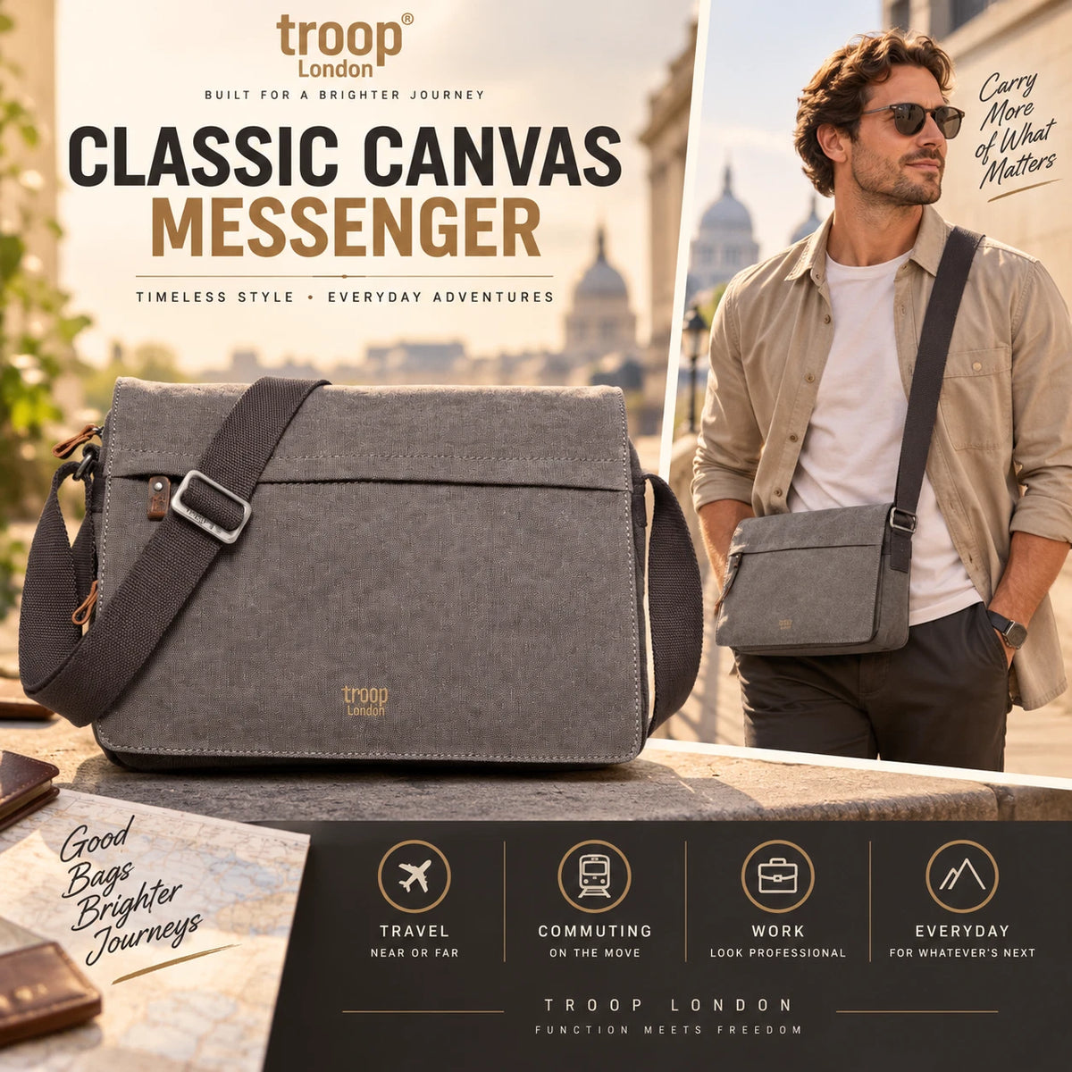 TROOP LONDON TRP0241 CLASSIC CANVAS CROSSBODY SHOULDER BAG WORK MESSENGER UNISEX
