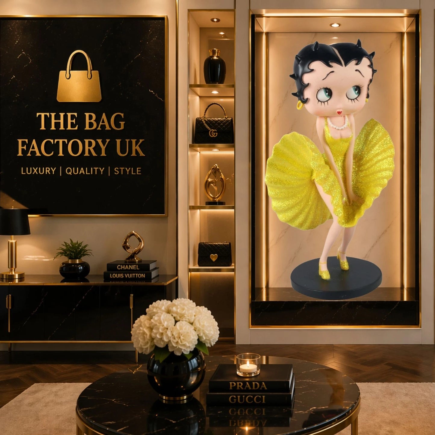 NEW BETTY BOOP COOL BREEZE YELLOW GLITTER FIGURINE 32CM VINTAGE ORNAMENT GIFT UK STOCK