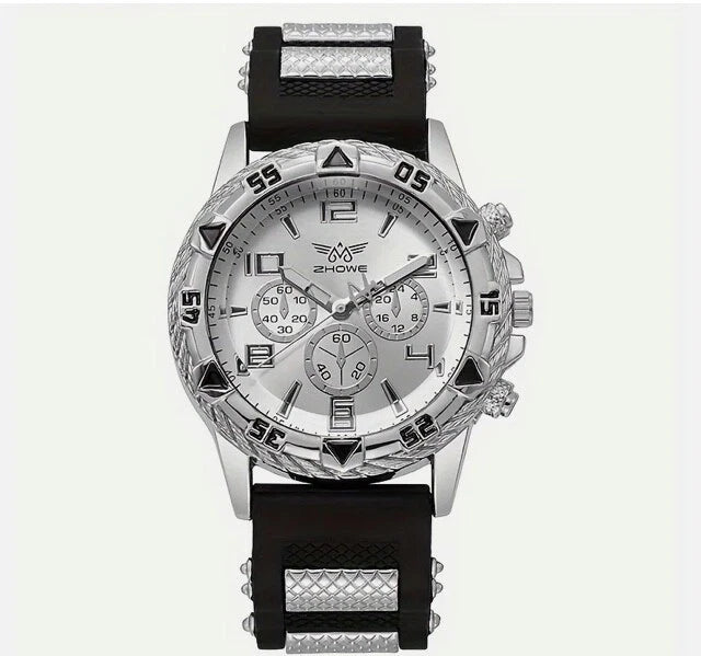 MEN'S FASHION BUSINESS WATCH CHUNKY BEZEL,QUARTZ,WHITE GOLD BLACK SILVER, UK
