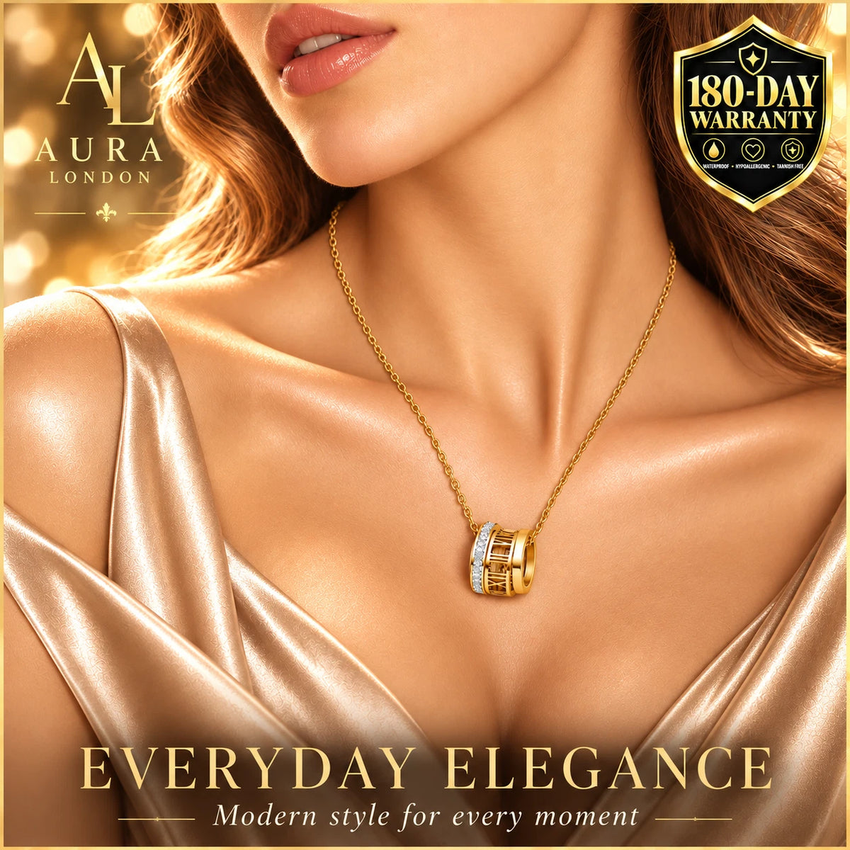 18K GOLD PLATED STAINLESS STEEL ROMAN NUMERAL CZ PENDANT NECKLACE LADIES GIFT UK