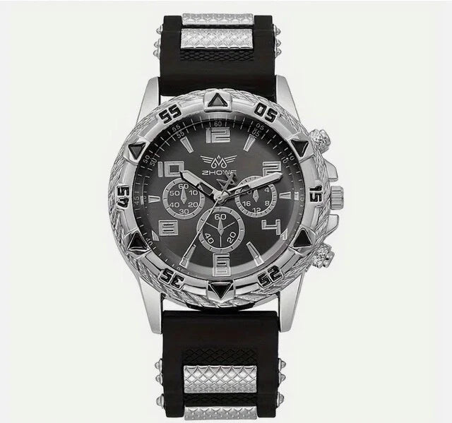 MEN'S FASHION BUSINESS WATCH CHUNKY BEZEL,QUARTZ,WHITE GOLD BLACK SILVER, UK