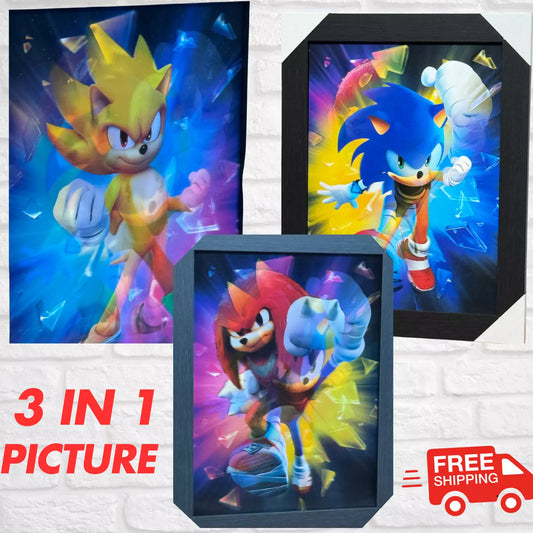 SONIC THE HEDGEHOG 3D FRAMED PICTURE - 3 IMAGES IN 1 FRAME - LIMITED EDITION UK STOCK