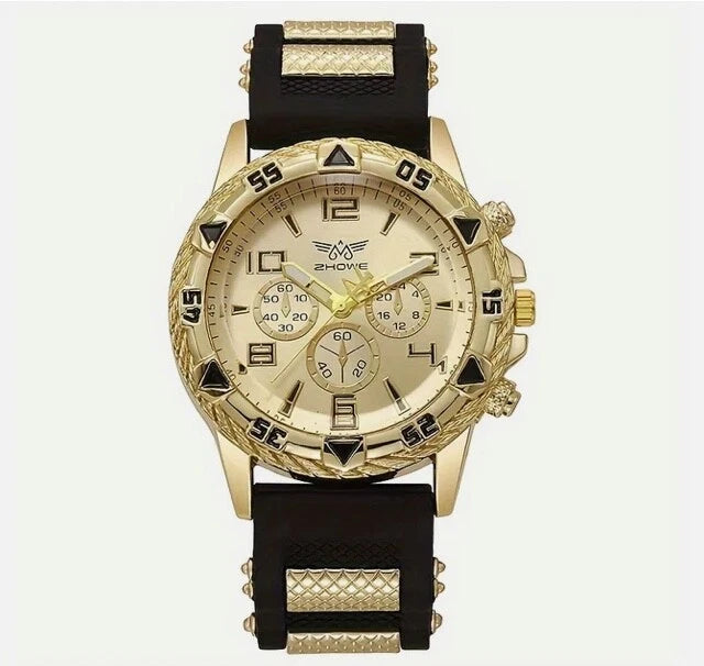 MEN'S FASHION BUSINESS WATCH CHUNKY BEZEL,QUARTZ,WHITE GOLD BLACK SILVER, UK