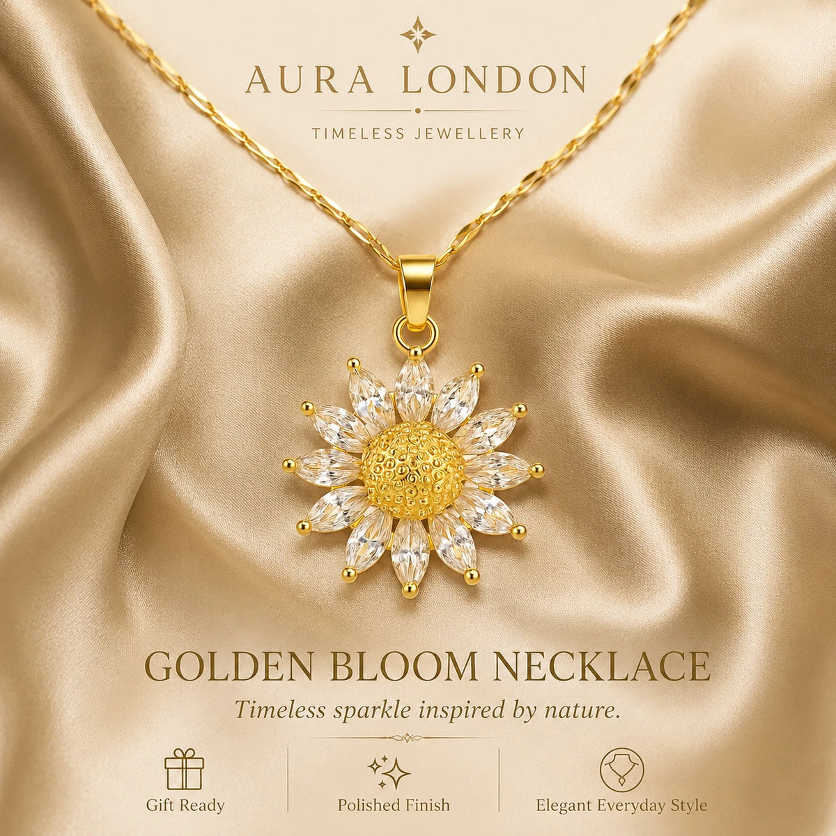 18K GOLD PLATED TITANIUM STEEL DAISY FLOWER CZ PENDANT NECKLACE WATERPROOF GIFT