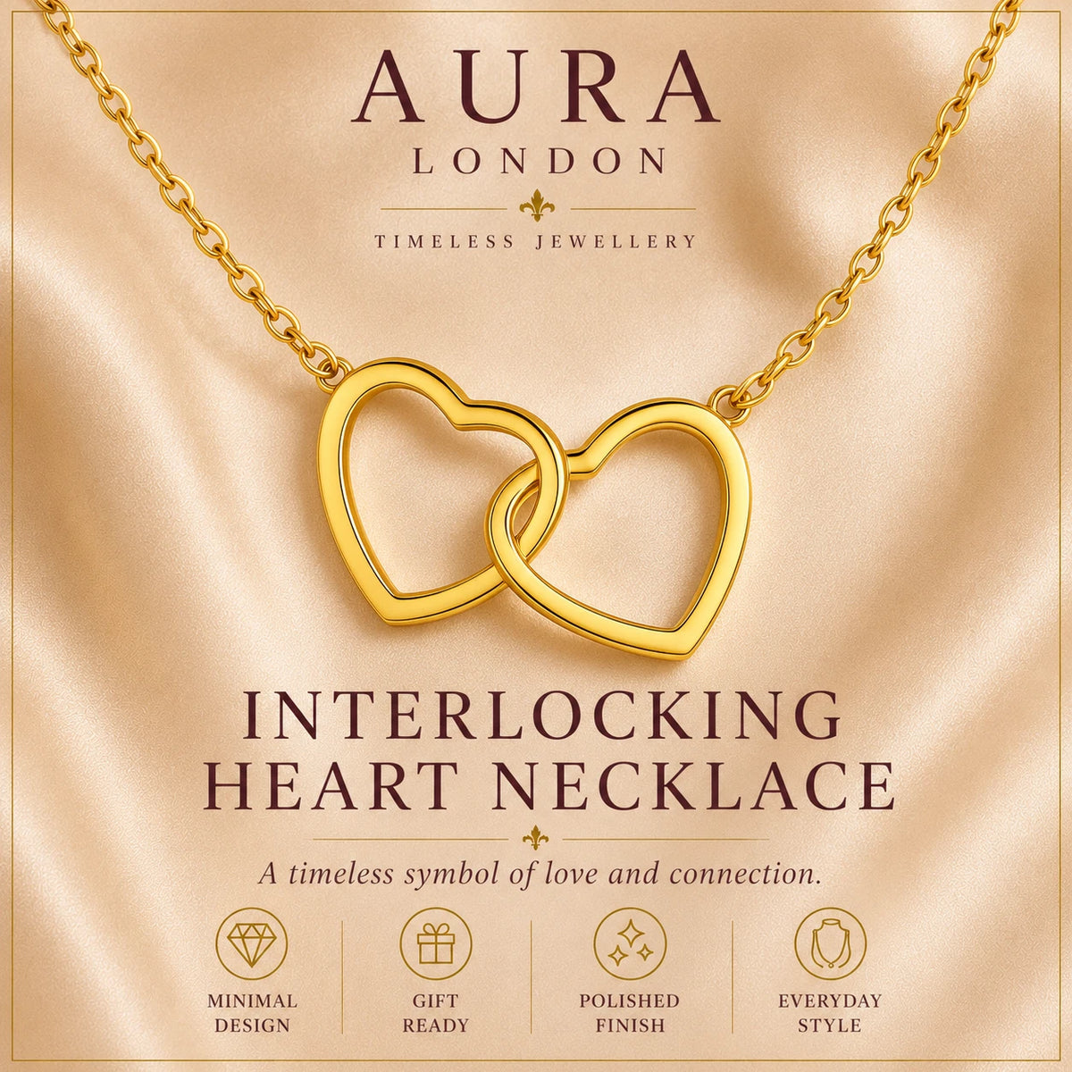 18K GOLD PLATED TITANIUM STEEL LADIES INTERLOCKING HEART NECKLACE WATERPROOF UK