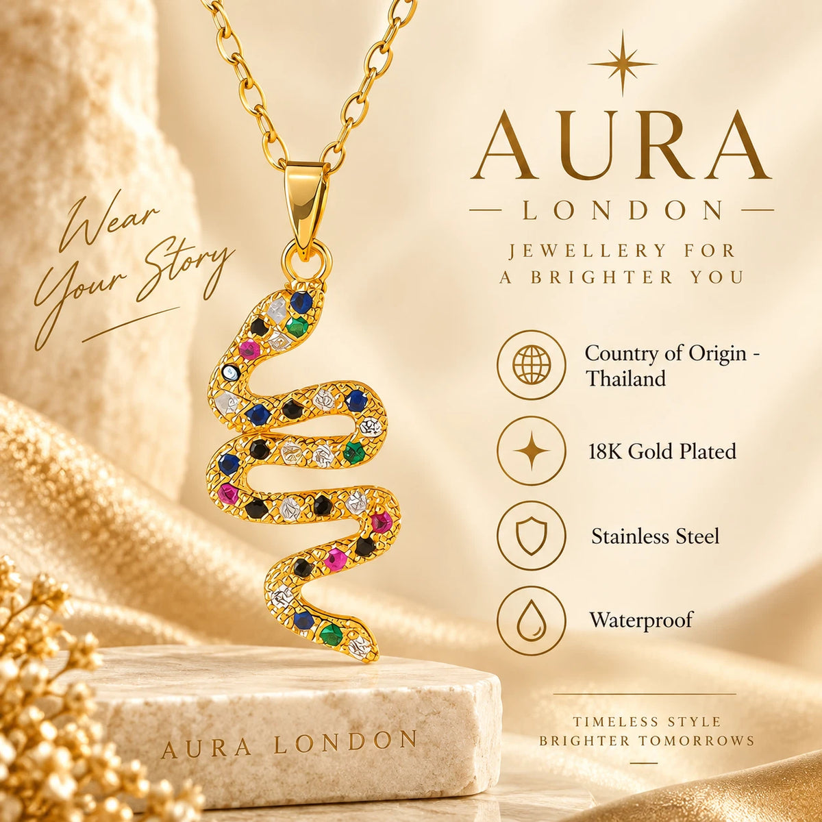 18K GOLD PLATED TITANIUM STEEL SNAKE NECKLACE MULTICOLOUR SERPENT PENDANT GIFT