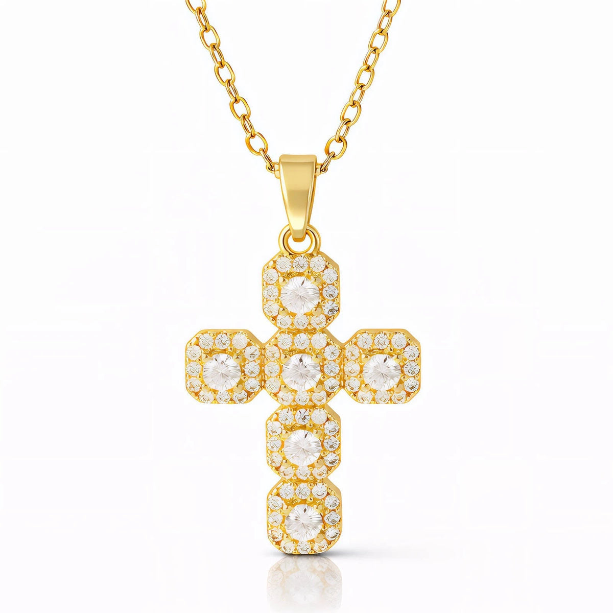 18K GOLD PLATED TITANIUM STEEL CROSS CZ PENDANT NECKLACE PVD WATERPROOF GIFT UK