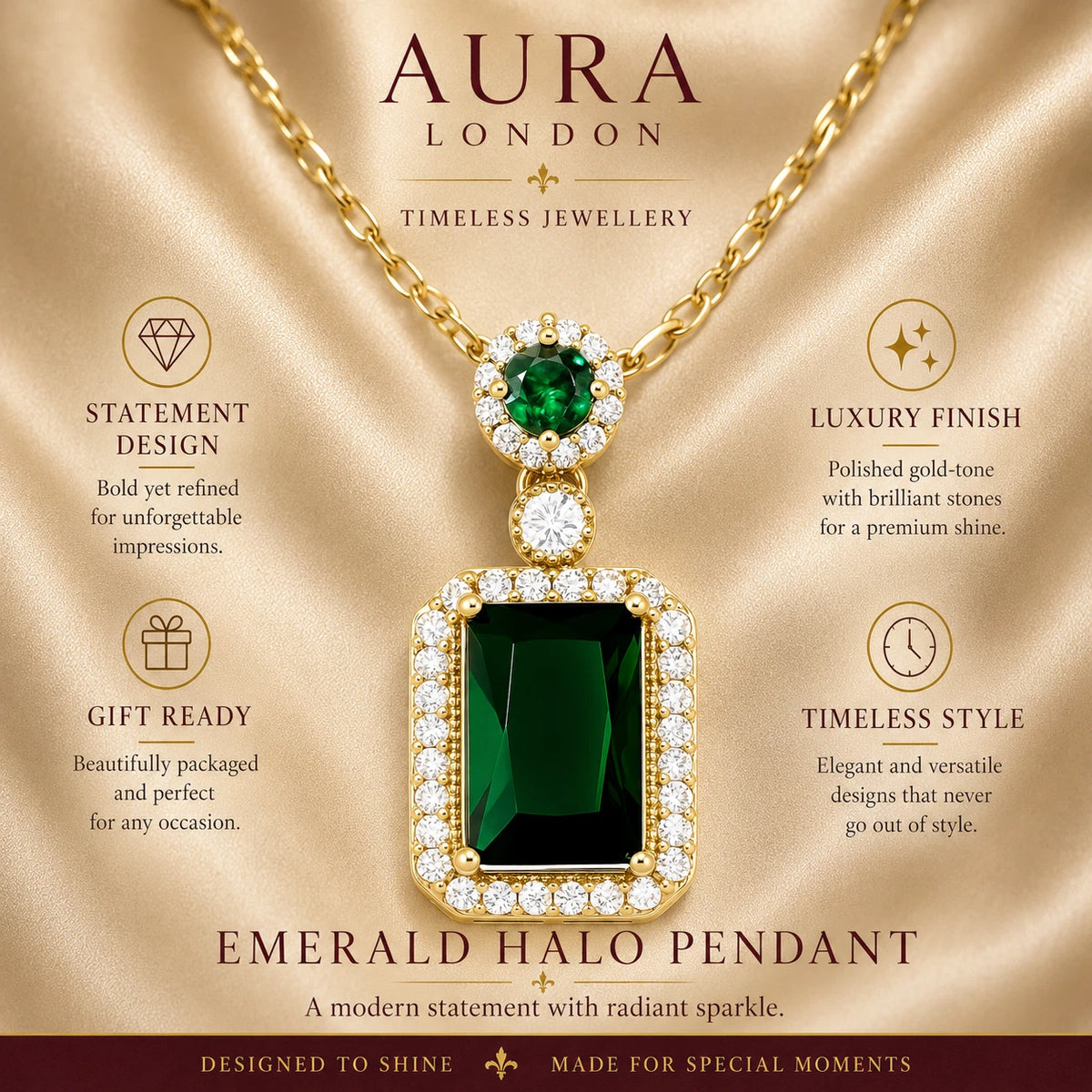 18K GOLD PLATED TITANIUM STEEL GREEN HALO CZ PENDANT NECKLACE LADIES WATERPROOF