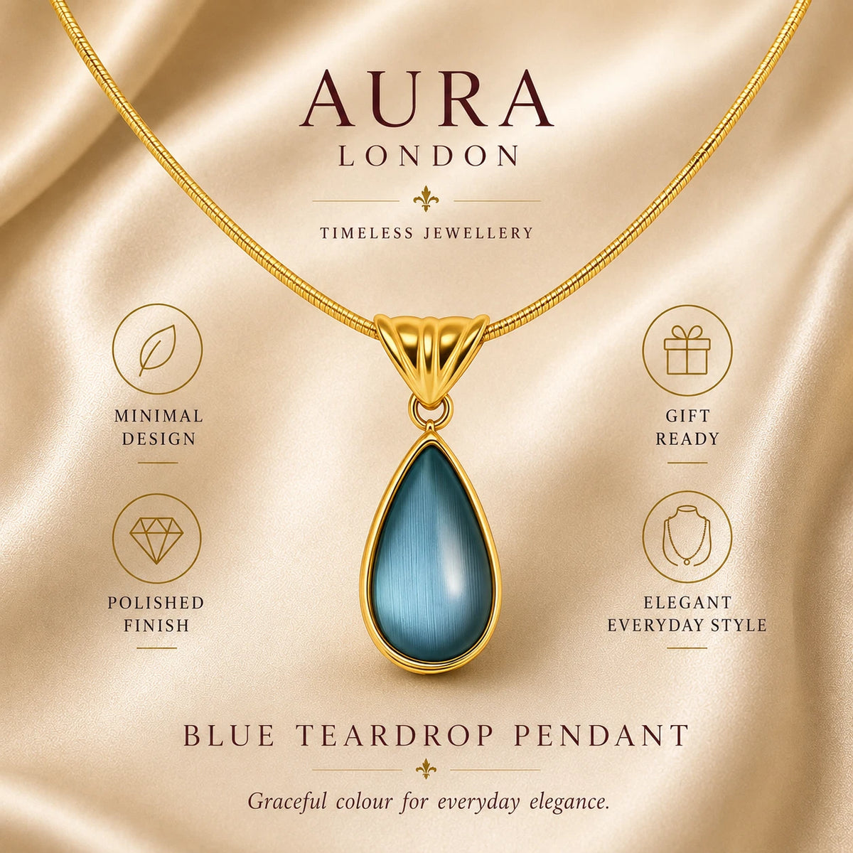 18K GOLD PLATED TITANIUM STEEL LADIES BLUE TEARDROP PENDANT NECKLACE WATERPROOF