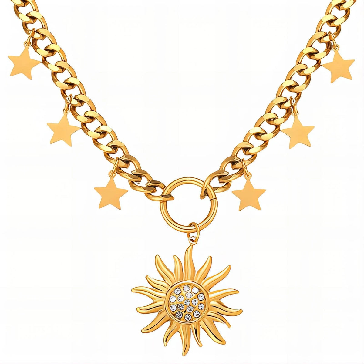 18K GOLD PLATED TITANIUM STEEL LADIES SUN STAR CZ NECKLACE CELESTIAL WATERPROOF