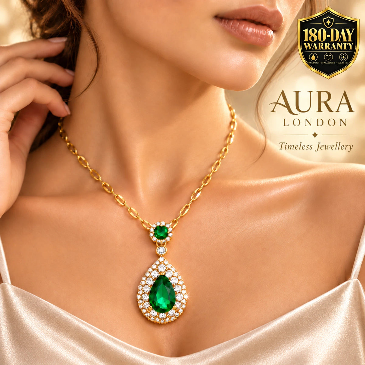 18K Gold Plated Titanium Steel Green Teardrop Pendant Necklace Waterproof Gift
