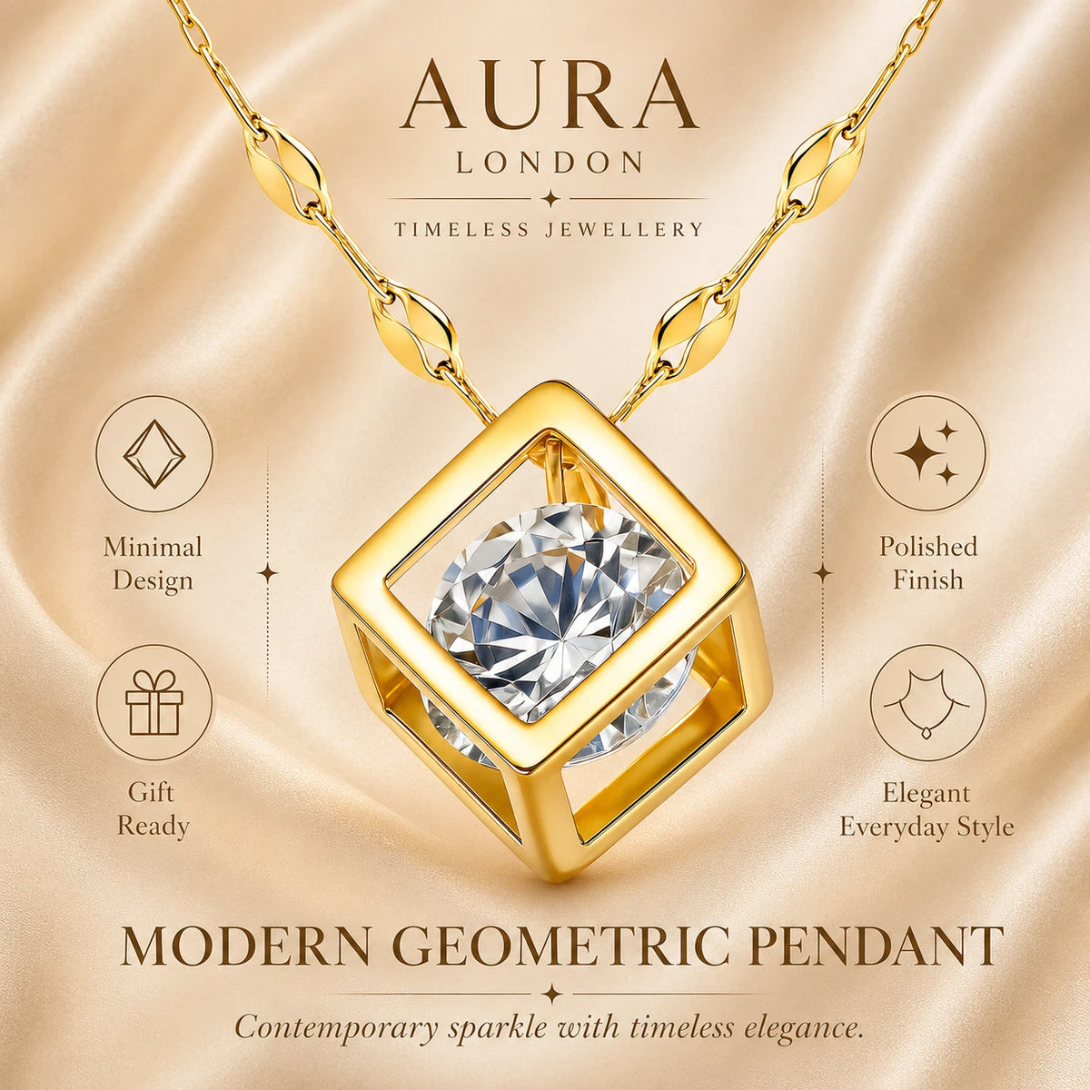 18K GOLD PLATED GEOMETRIC CUBE CZ PENDANT NECKLACE TITANIUM STEEL LADIES GIFT UK