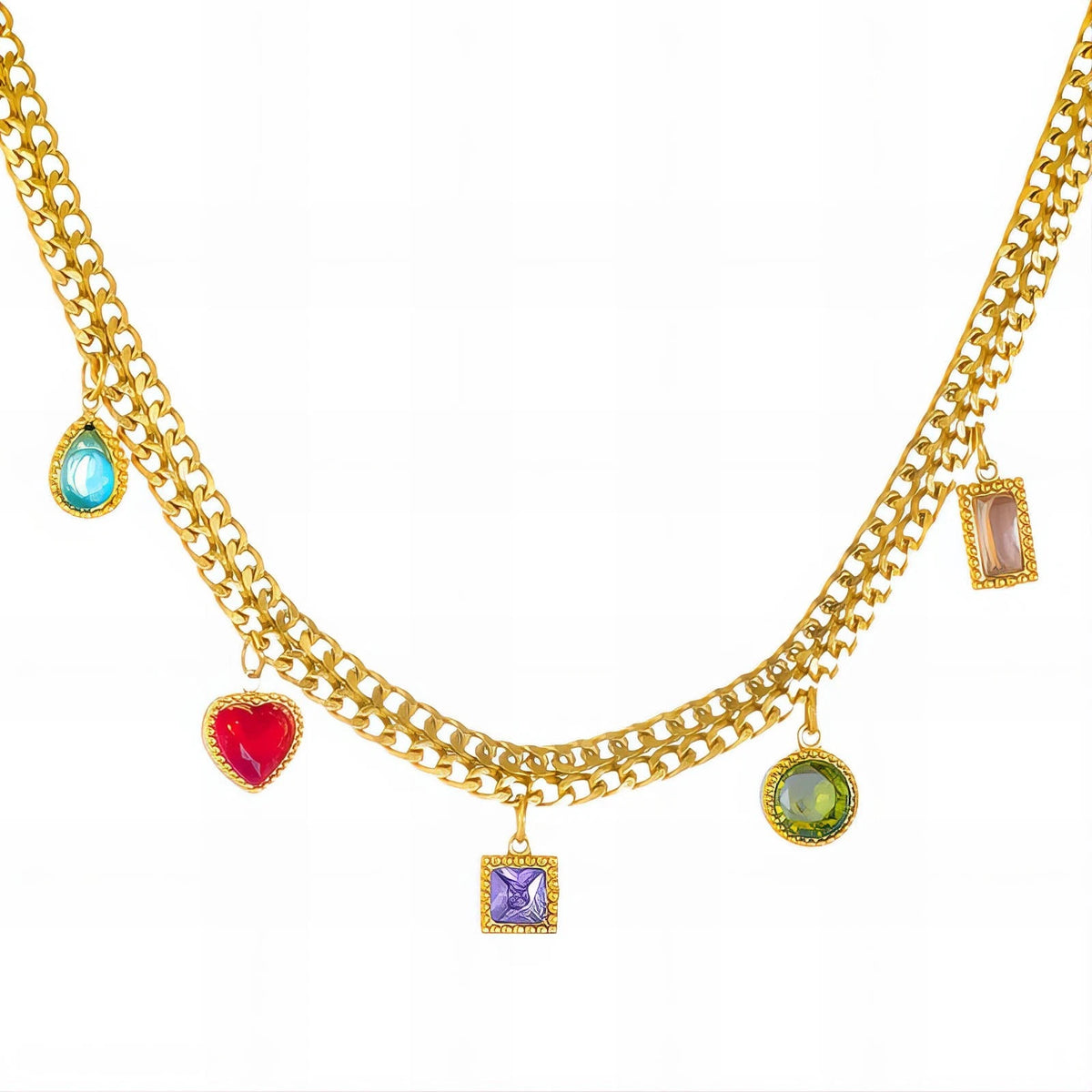 18K GOLD PLATED TITANIUM STEEL MULTICOLOUR CZ CHARM NECKLACE LADIES HER GIFT UK