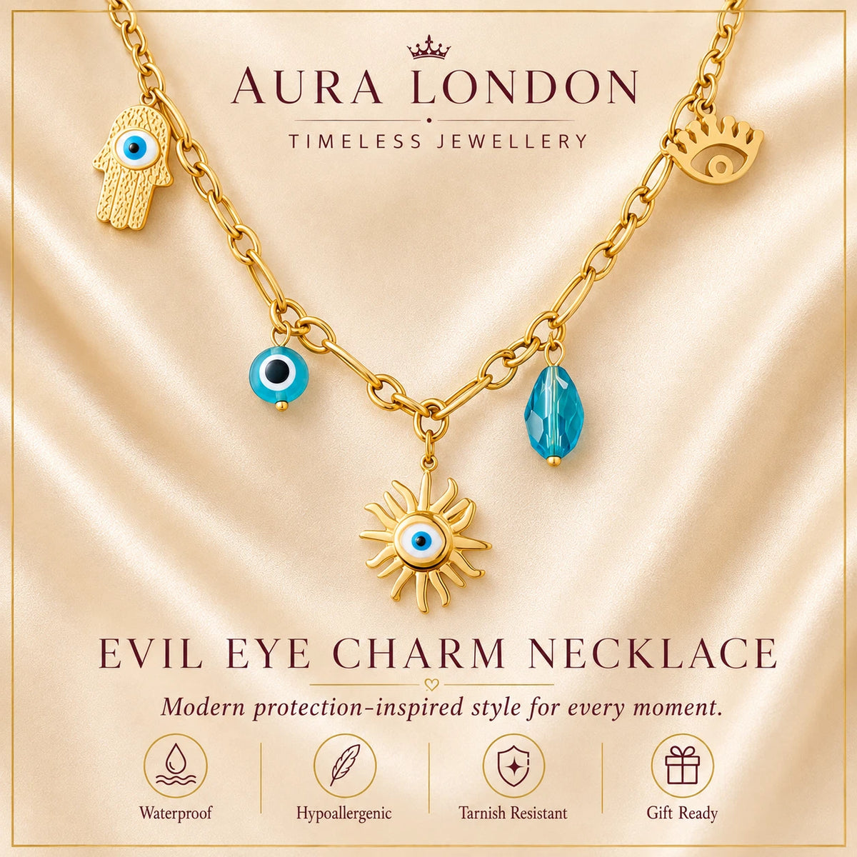 18K GOLD PLATED TITANIUM STEEL EVIL EYE CHARM PENDANT NECKLACE WATERPROOF GIFT  THE BAG FACTORY UK (2725) Business