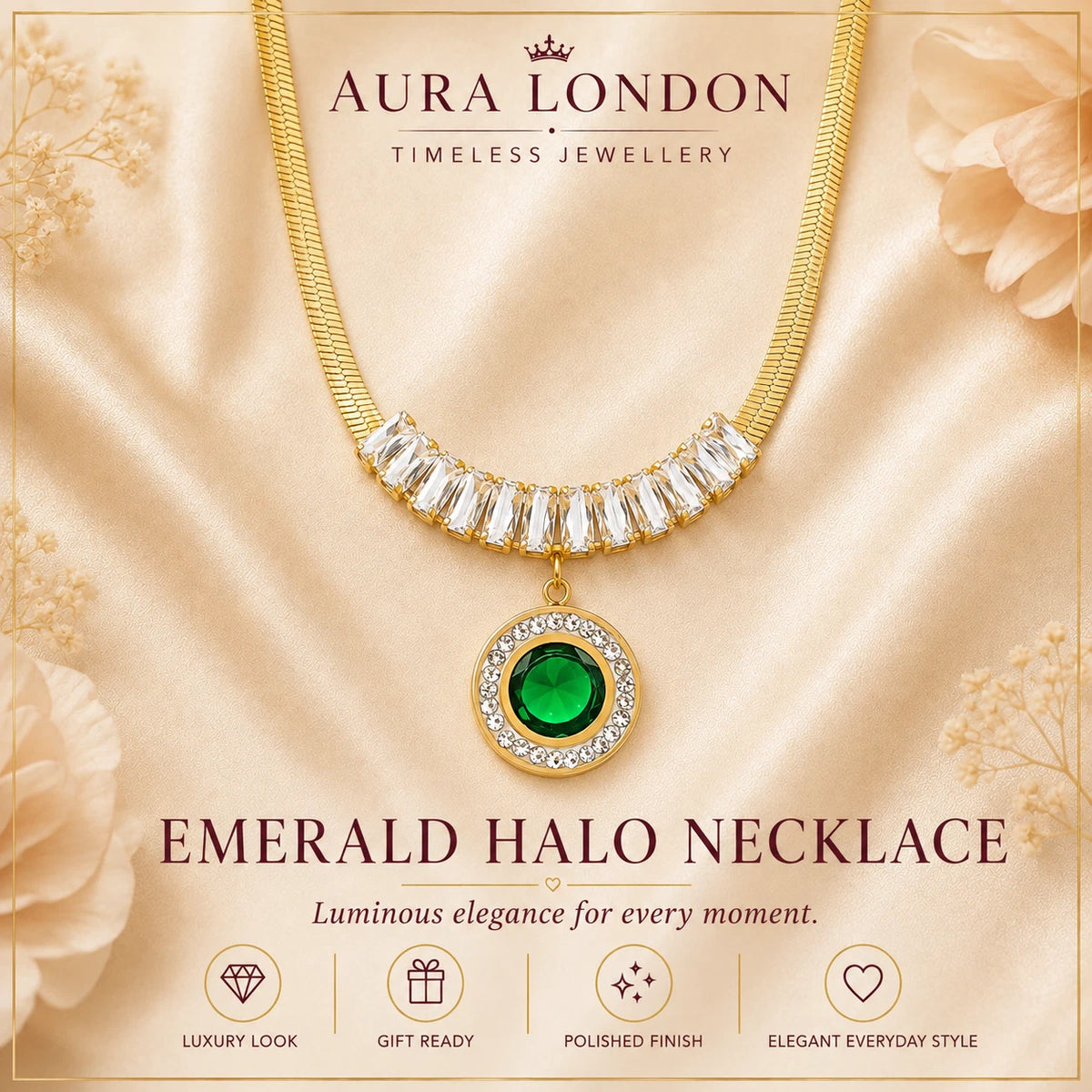 18K GOLD PLATED TITANIUM STEEL GREEN CZ HALO PENDANT NECKLACE WATERPROOF GIFT UK