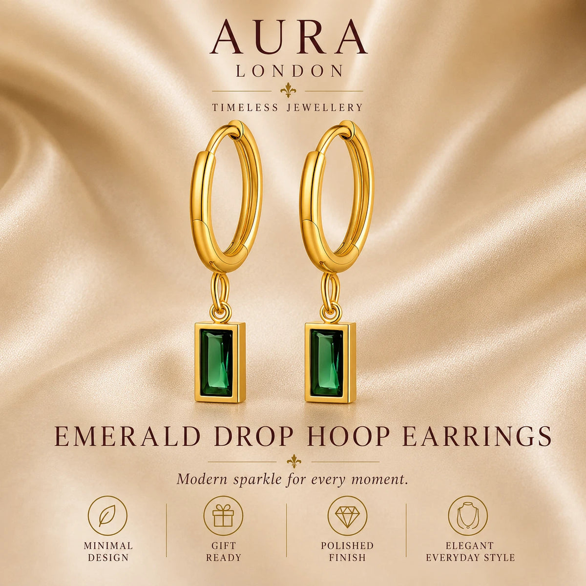 18K GOLD PLATED TITANIUM STEEL LADIES GREEN CZ DROP HOOP EARRINGS WATERPROOF UK