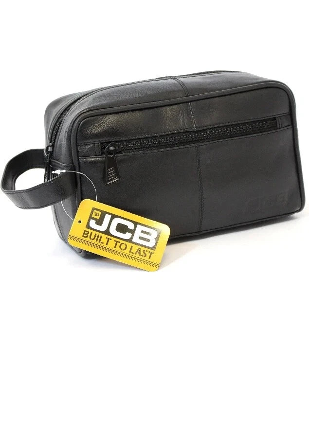 JCB Black Genuine Leather Travel Wash Bag - Zipped Travel Bags for Men Travel UK STOCK