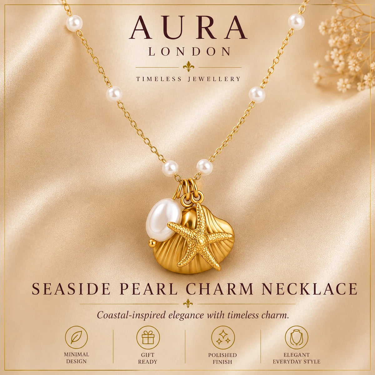 18K GOLD PLATED TITANIUM STEEL LADIES PEARL SHELL STARFISH NECKLACE WATERPROOF