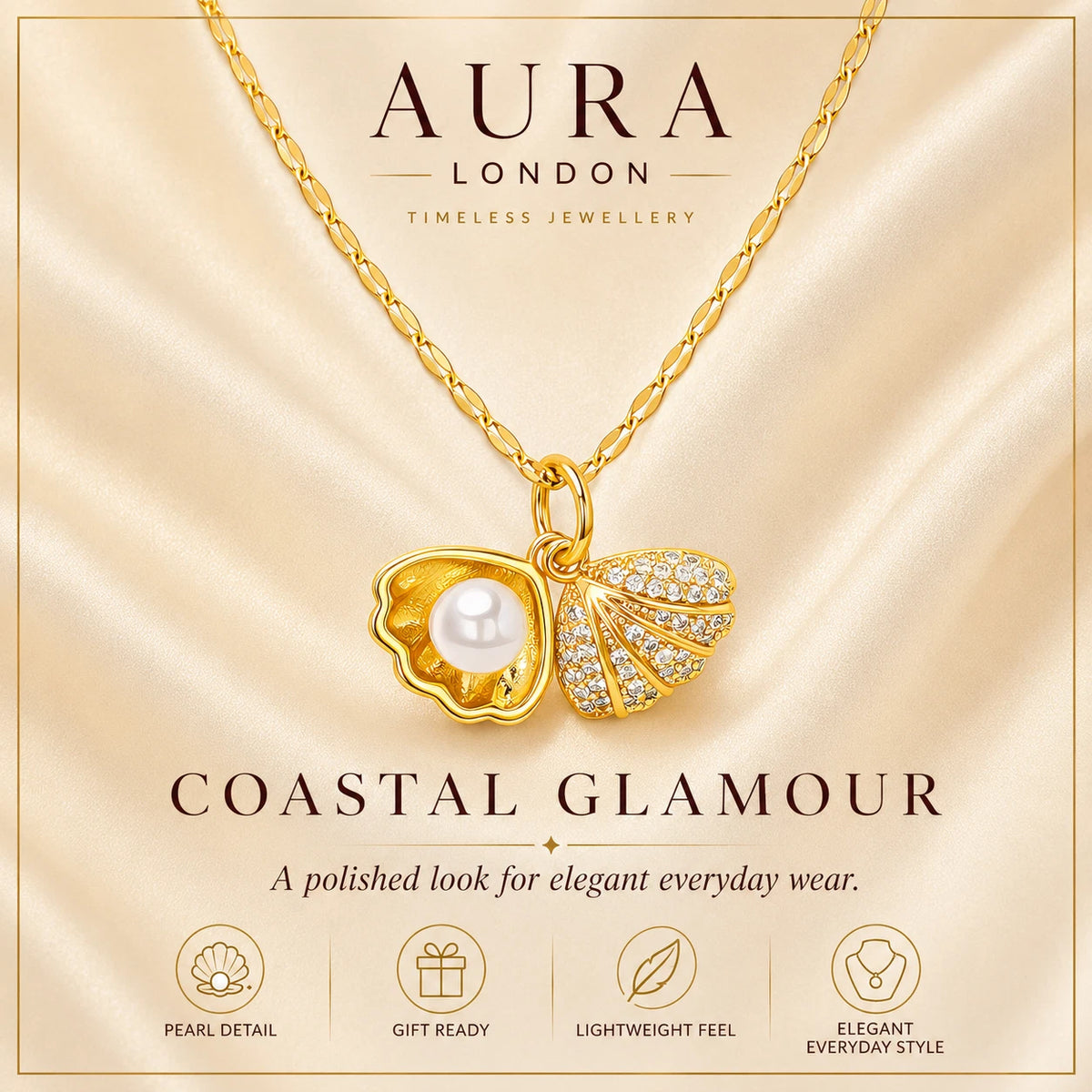 18K GOLD PLATED TITANIUM STEEL LADIES PEARL SHELL CZ NECKLACE WATERPROOF GIFT UK