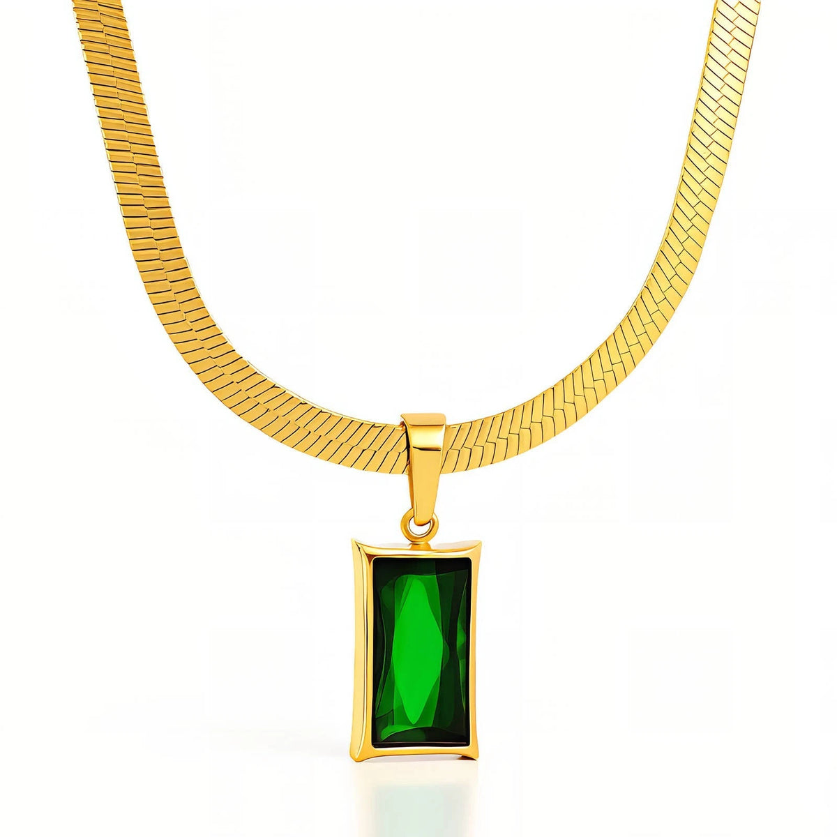 18K GOLD PLATED TITANIUM STEEL GREEN CZ PENDANT NECKLACE WATERPROOF LADIES UK