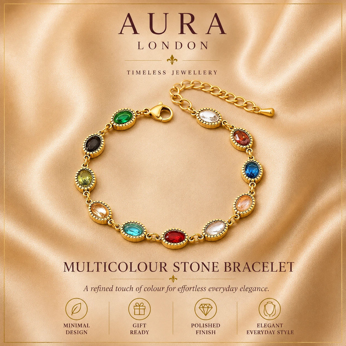 18K GOLD PLATED TITANIUM STEEL LADIES MULTICOLOUR CZ TENNIS BRACELET ADJUSTABLE