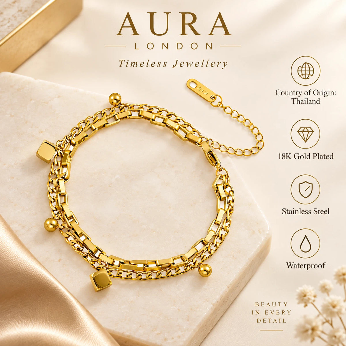18K GOLD PLATED TITANIUM STEEL MULTI CHAIN CHARM BRACELET WATERPROOF LADIES GIFT
