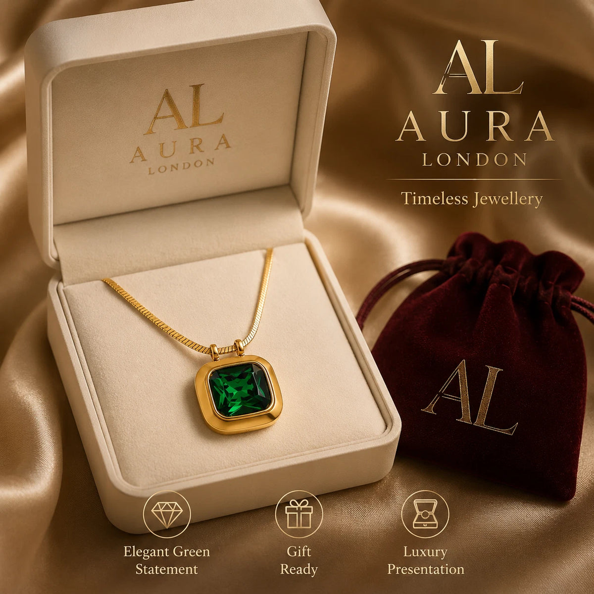 18K GOLD PLATED TITANIUM STEEL GREEN CZ PENDANT NECKLACE WATERPROOF LADIES GIFT