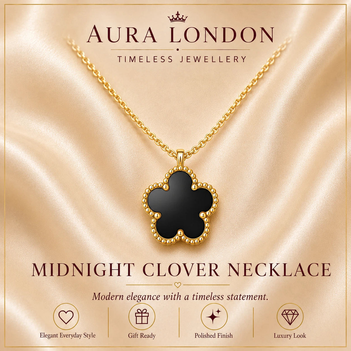 18K GOLD PLATED TITANIUM STEEL BLACK CLOVER PENDANT NECKLACE WATERPROOF GIFT UK