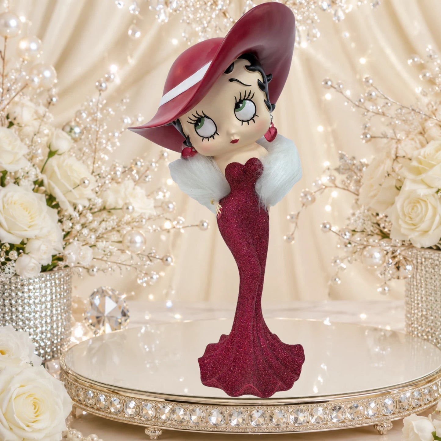 NEW BETTY BOOP MADAME RED GLITTER HAT FUR STOLE FIGURINE ORNAMENT 30.5CM VINTAGE UK STOCK