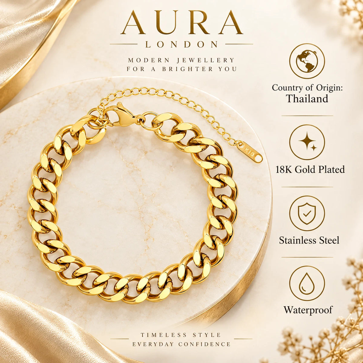 18K GOLD PLATED TITANIUM STEEL CHUNKY CURB CHAIN BRACELET WATERPROOF LADIES GIFT
