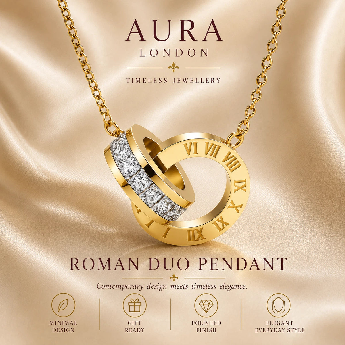 18K GOLD PLATED TITANIUM STEEL LADIES ROMAN NUMERAL DOUBLE RING CZ NECKLACE GIFT