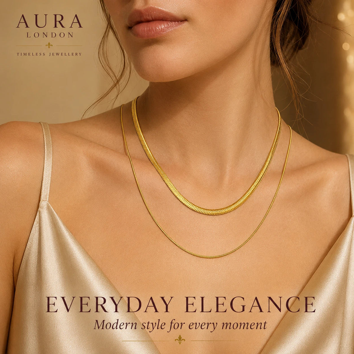 18K GOLD PLATED TITANIUM STEEL DOUBLE LAYER CHAIN NECKLACE WATERPROOF LADIES UK