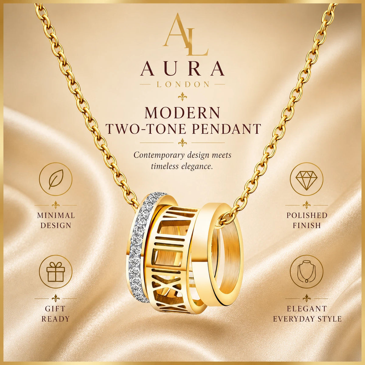 18K GOLD PLATED STAINLESS STEEL ROMAN NUMERAL CZ PENDANT NECKLACE LADIES GIFT UK