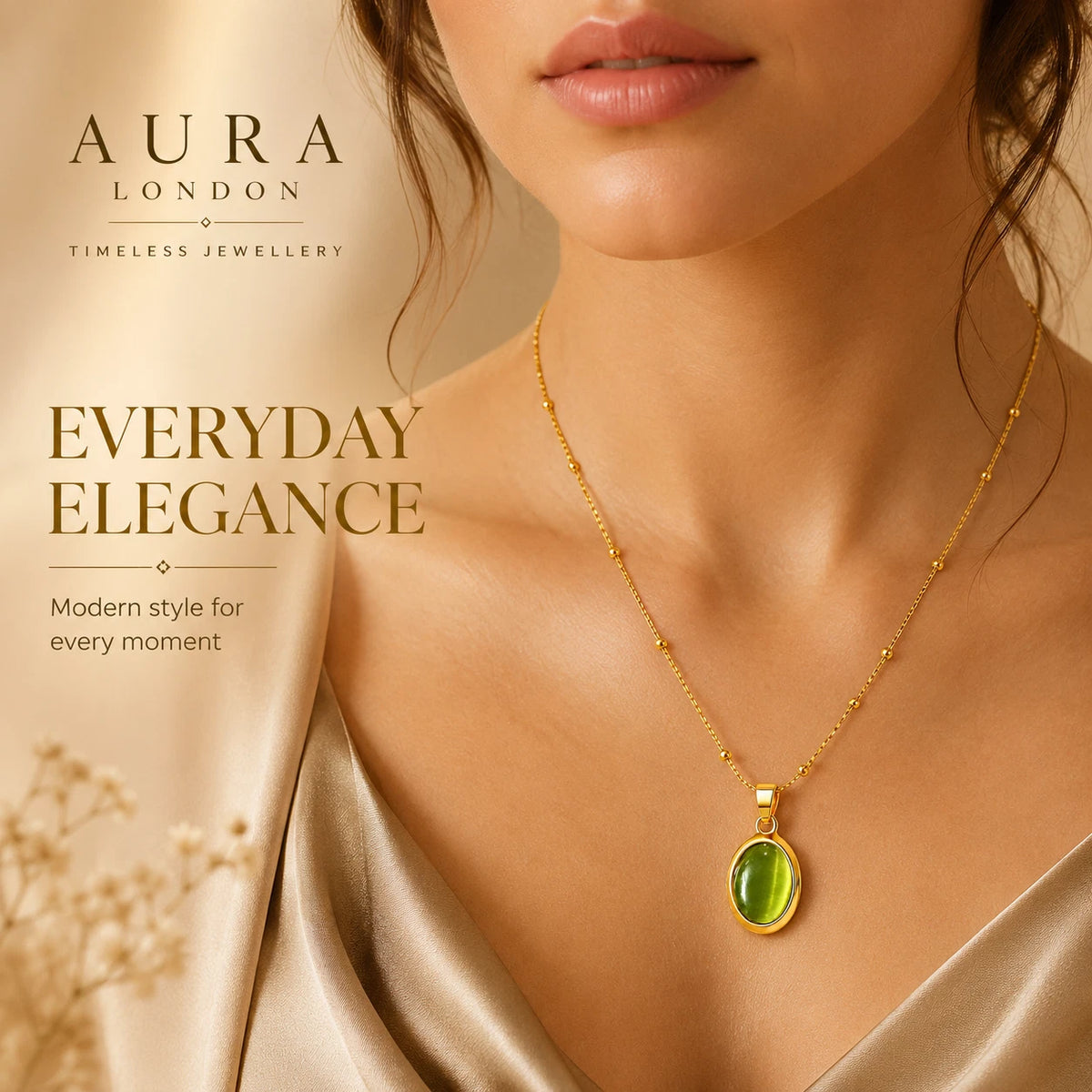 18K GOLD PLATED STAINLESS STEEL LADIES GREEN OVAL PENDANT NECKLACE WATERPROOF UK