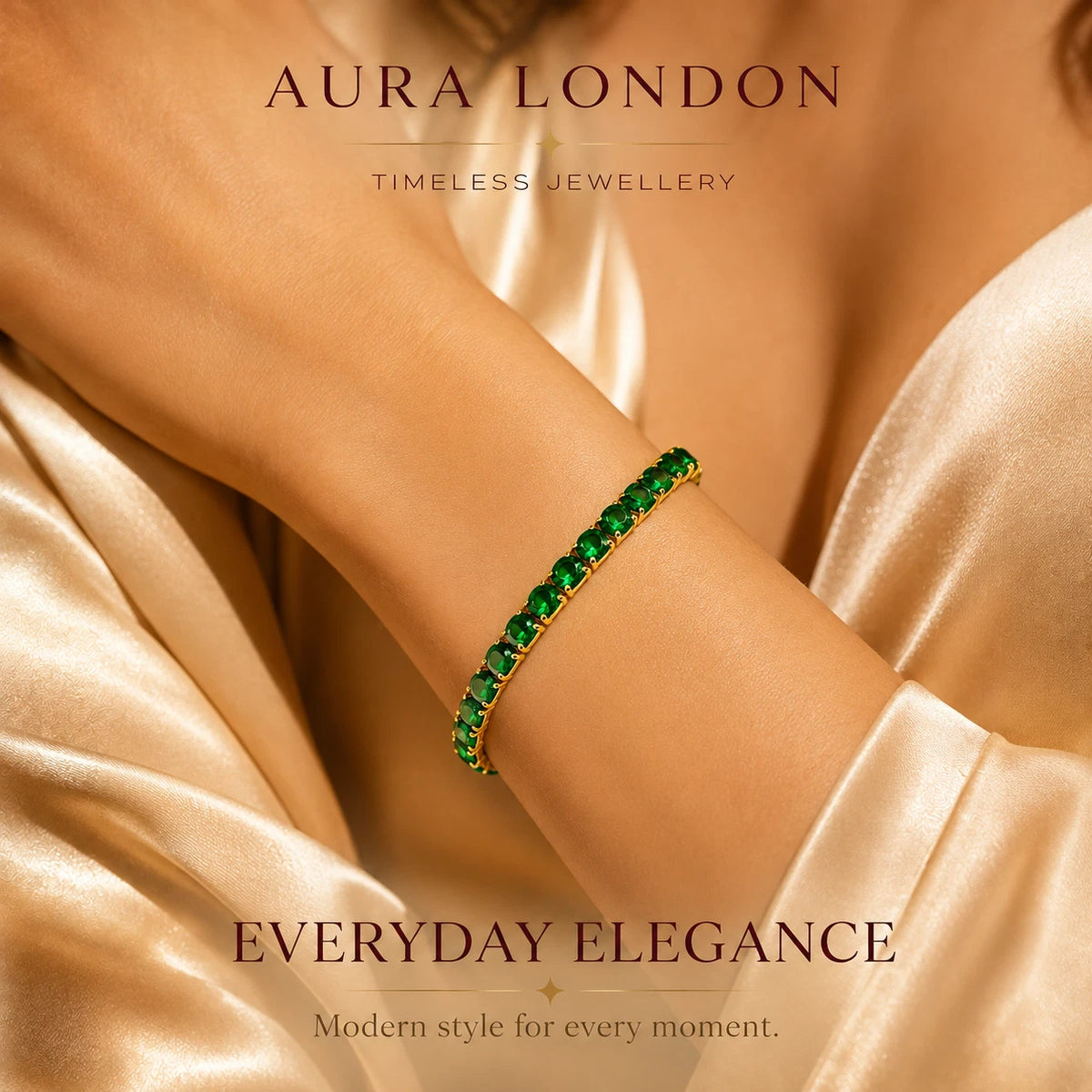 18K GOLD PLATED TITANIUM STEEL LADIES GREEN CZ TENNIS BRACELET ADJUSTABLE GIFT
