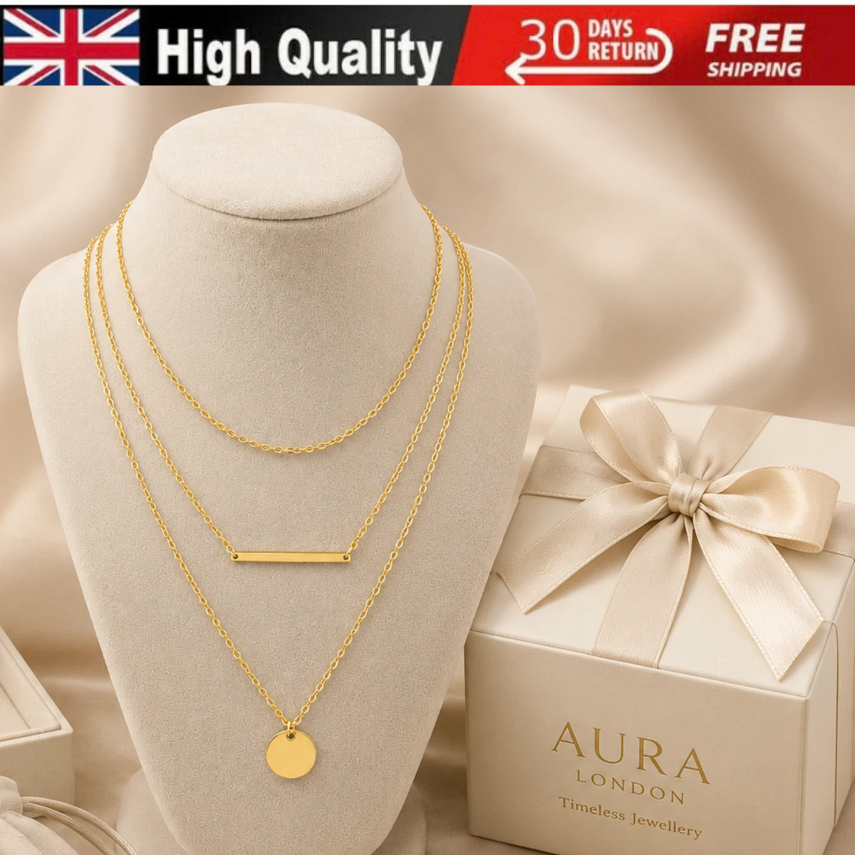 LADIES 18K GOLD PLATED PENDANT NECKLACE WATERPROOF HYPOALLERGENIC TARNISH FREE
