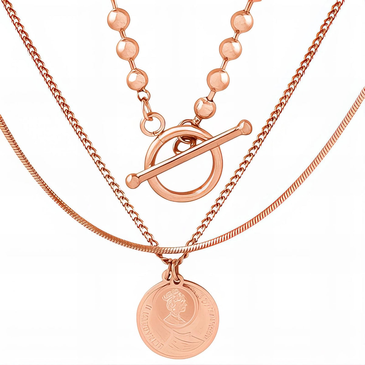 18K GOLD PLATED TITANIUM STEEL TRIPLE LAYER ROSE GOLD COIN NECKLACE WATERPROOF