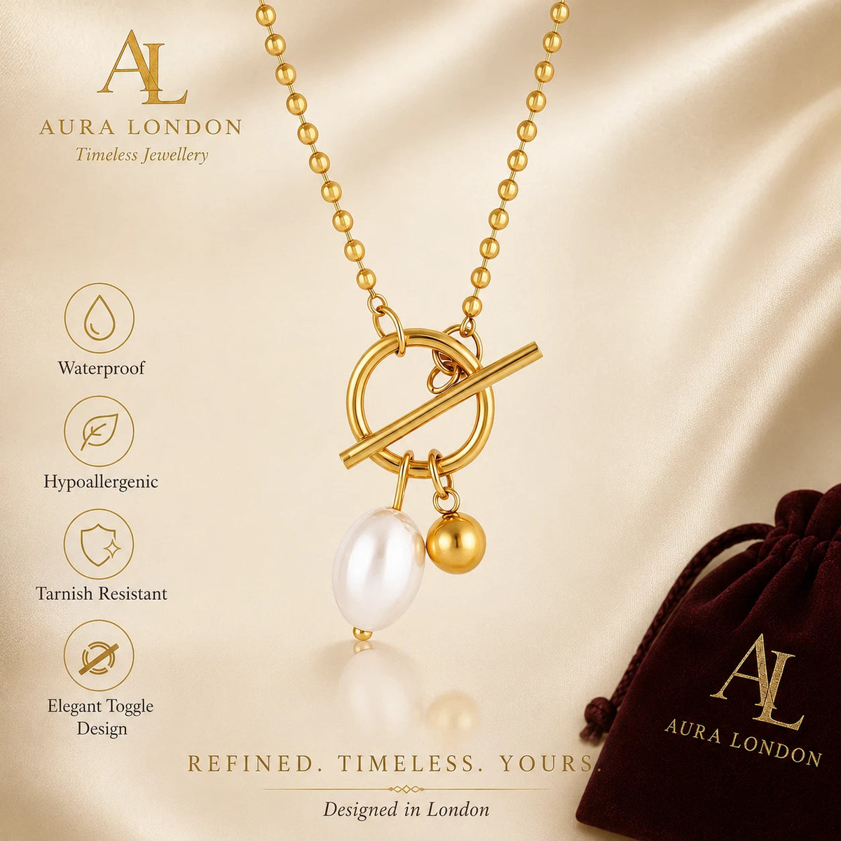 18K GOLD PLATED STAINLESS STEEL FRESHWATER PEARL TOGGLE NECKLACE LADIES GIFT UK