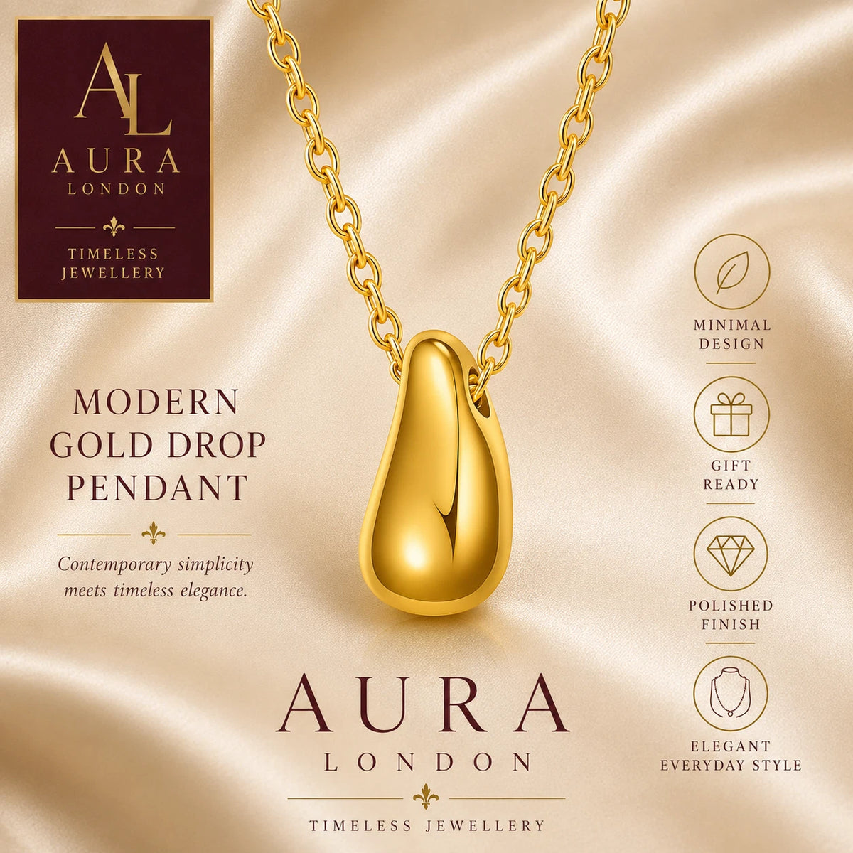 18K GOLD PLATED DROP PENDANT NECKLACE LADIES TITANIUM STEEL ANTI TARNISH GIFT UK