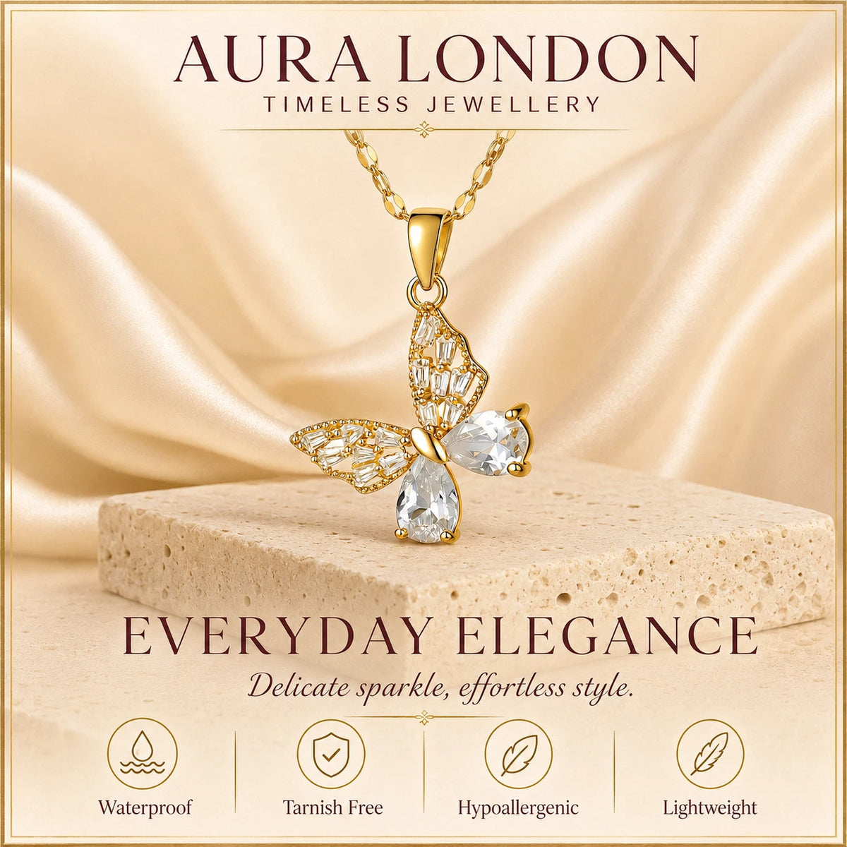 18K GOLD PLATED TITANIUM STEEL BUTTERFLY CZ PENDANT NECKLACE PVD WATERPROOF UK
