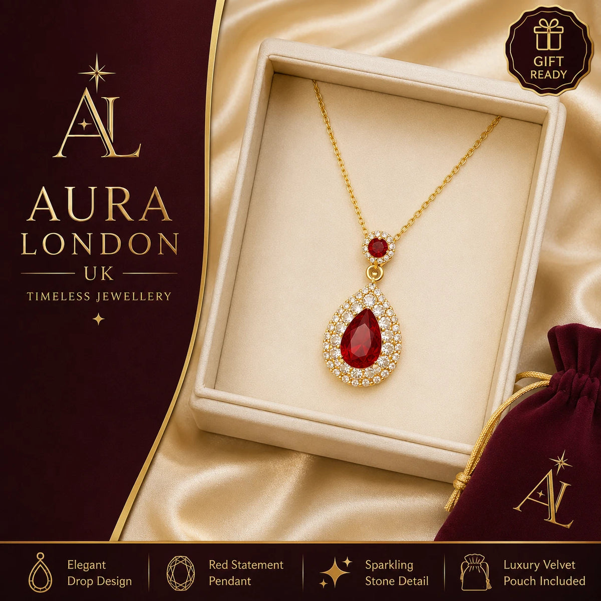 18K GOLD PLATED TITANIUM STEEL RED TEARDROP CZ PENDANT NECKLACE WATERPROOF GIFT