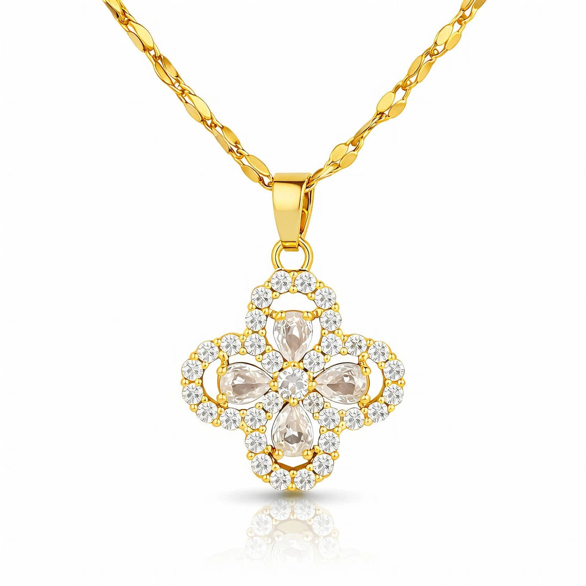 18K GOLD PLATED TITANIUM STEEL FLORAL CZ PENDANT NECKLACE WATERPROOF SPARKLY UK