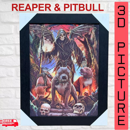 REAPER & PITBULLS - GOTHIC 3D LIMITED EDITION FRAMED PICTURE WALL ART - UK STOCK